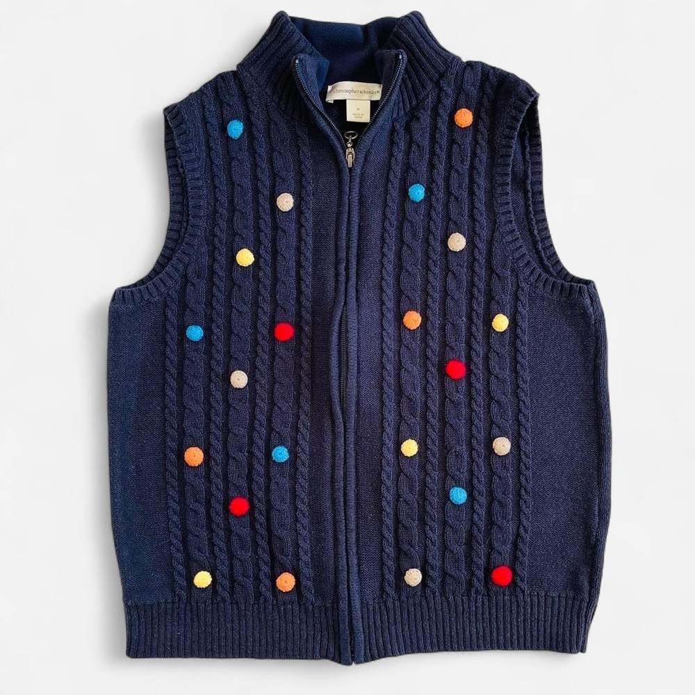 Christopher & Banks Dark Navy Blue Chunky Cable Knit Pom Pom Sweater Vest
